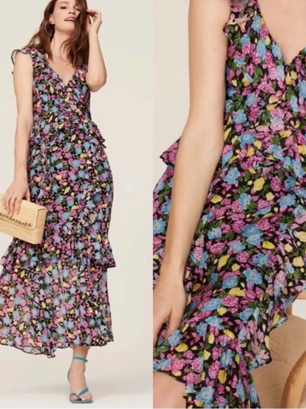 AMUR Evita Silk Chiffon Floral Ruffle Maxi Dress